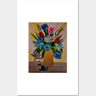 abstract tulips and daffodils in a gold vase Posters and Art